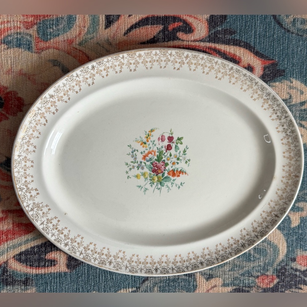 THOMPSON Vintage China Floral Oval Platter with Gold Accents